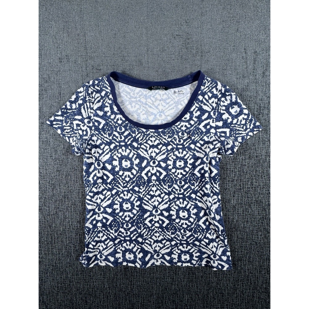 Lauren Ralph Lauren T Shirt Womens Medium Blue Geometric Print Cotton Cap Sleeve